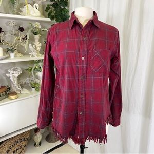 Current/Elliott Red Plaid Shirt With Gold Thread Asymmetrical Fringe